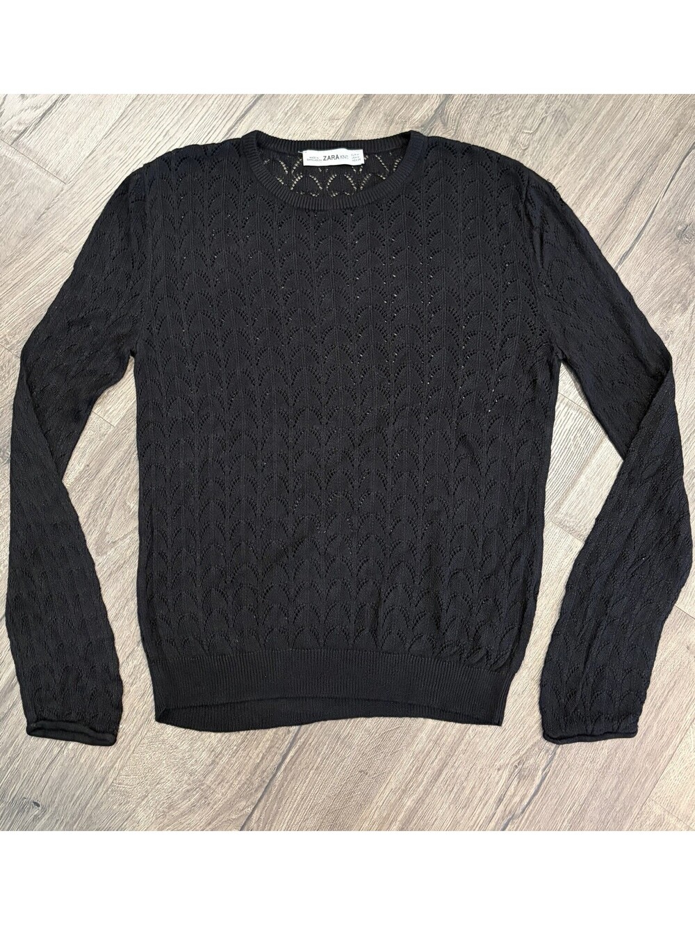 Zara Knit Black Openwork Pointelle Crochet Sweater Crewneck Pullover Women’s M